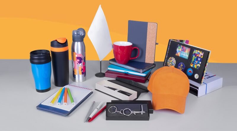 marketing swag or promotional goods on a table